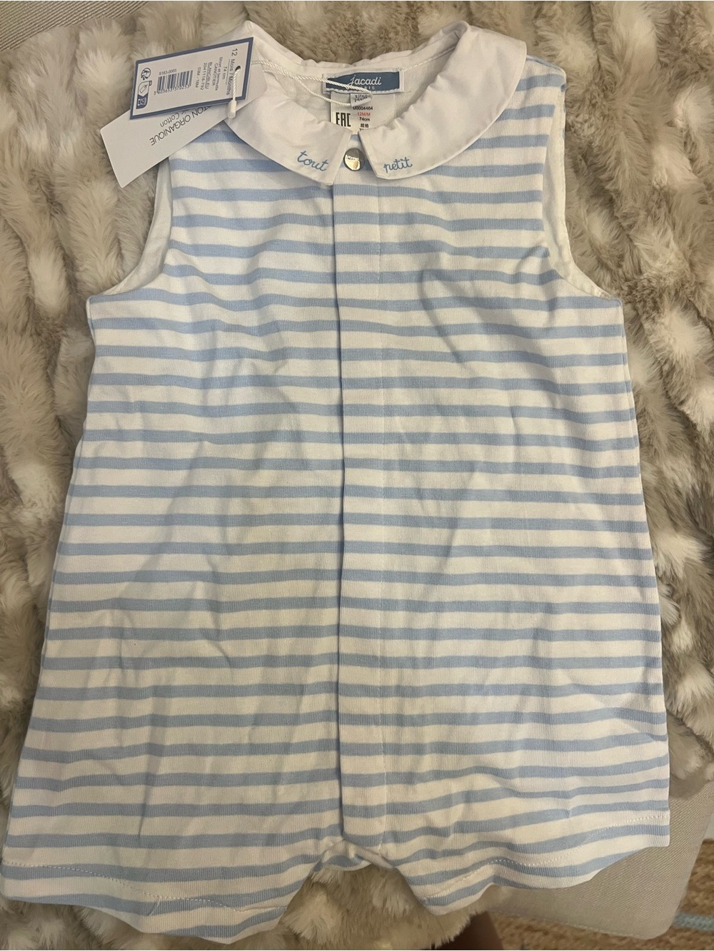 NWT Jacadi Light Blue & White Striped Collared Baby Romper